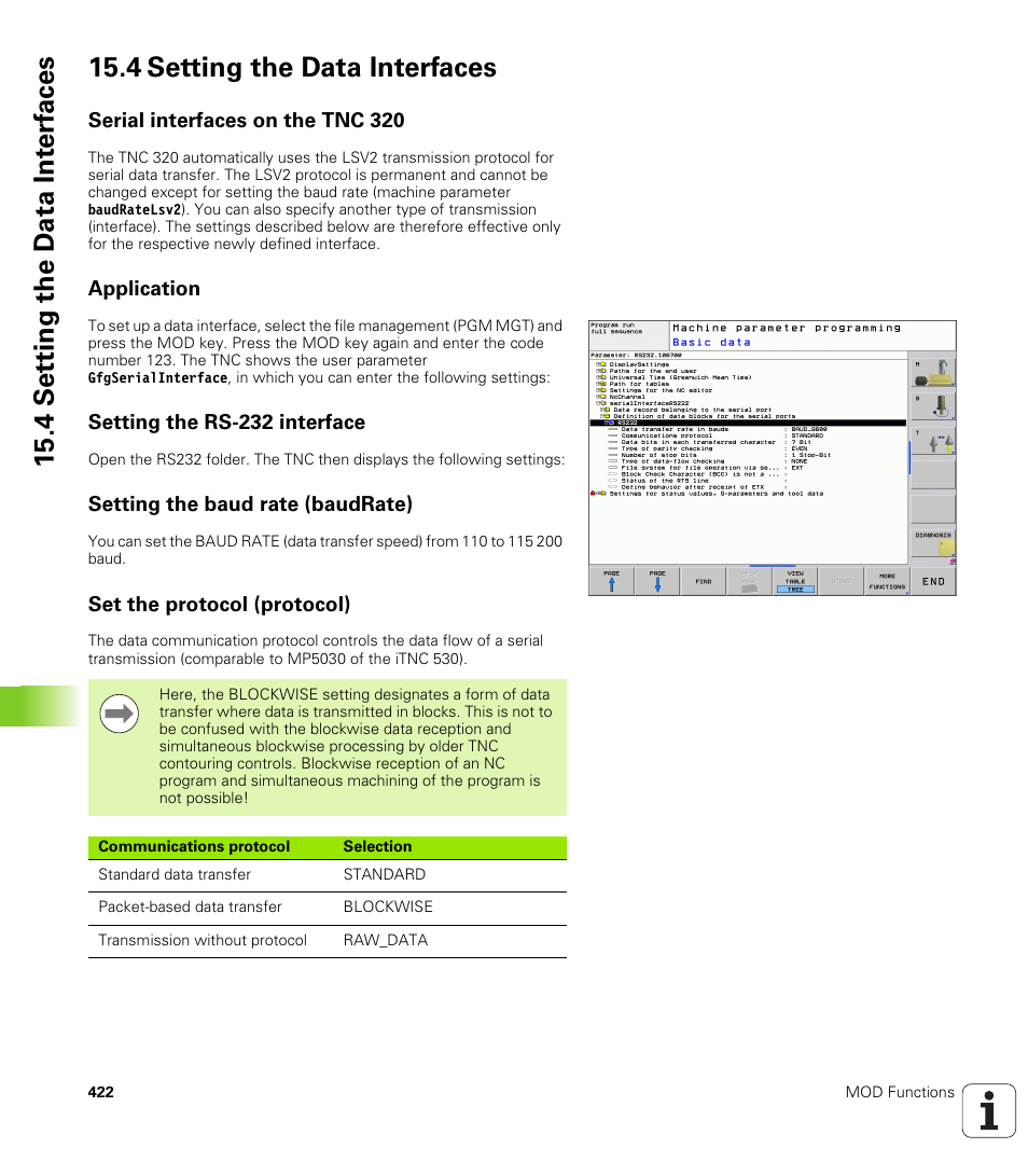 4 setting the data interfaces, Serial interfaces on the tnc 320, Application | Setting the rs-232 interface, Setting the baud rate (baudrate), Set the protocol (protocol) | HEIDENHAIN TNC 320 (340 55x-04) User Manual | Page 422 / 497