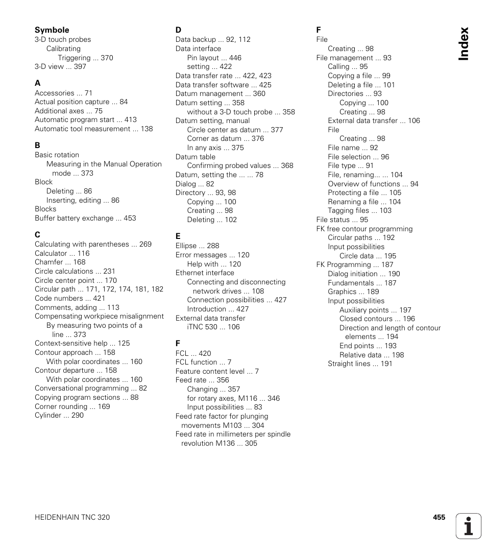 Index | HEIDENHAIN TNC 320 (340 55x-04) User Manual | Page 455 / 497