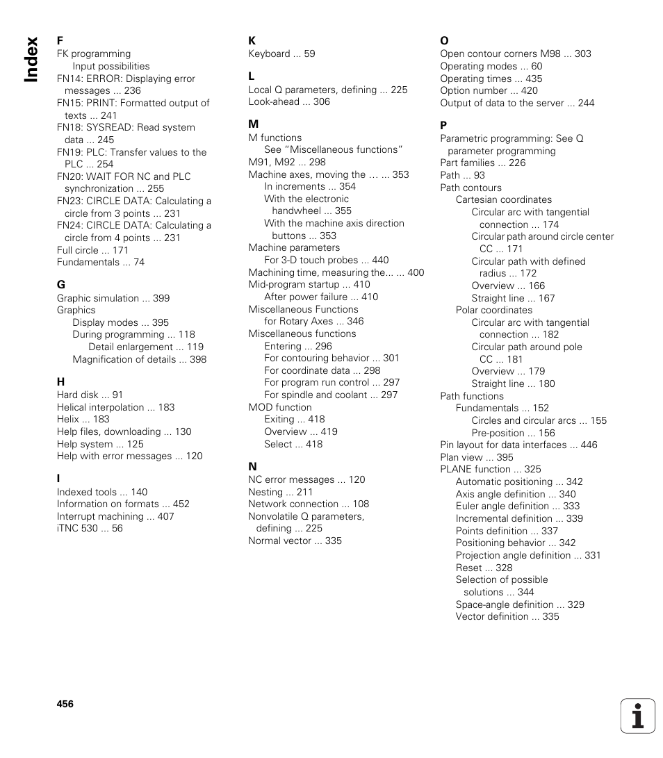 Index | HEIDENHAIN TNC 320 (340 55x-04) User Manual | Page 456 / 497