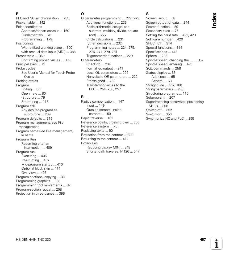 Index | HEIDENHAIN TNC 320 (340 55x-04) User Manual | Page 457 / 497