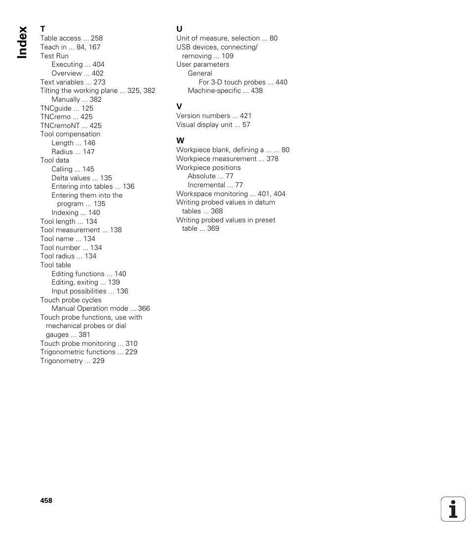 Index | HEIDENHAIN TNC 320 (340 55x-04) User Manual | Page 458 / 497