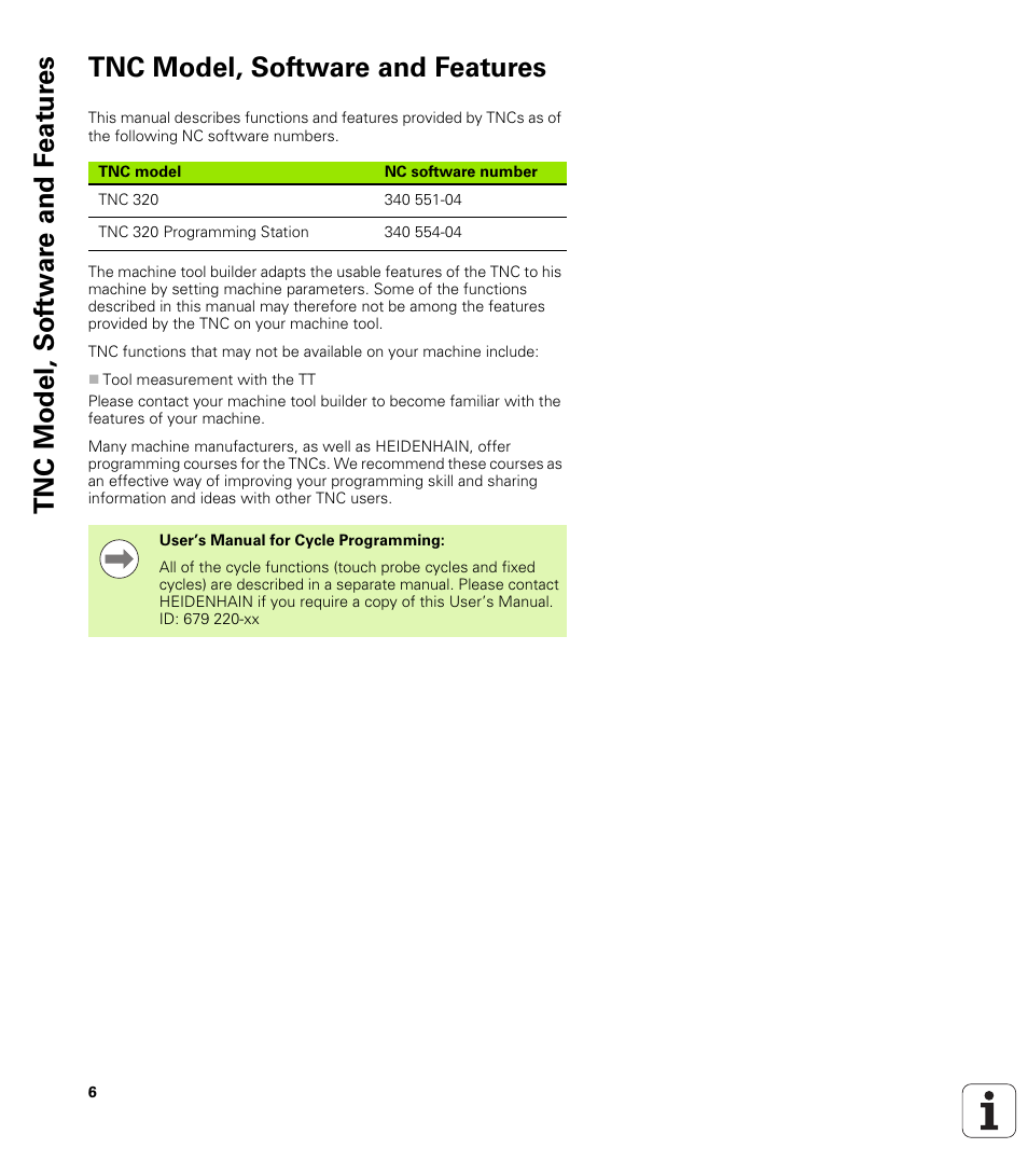 Tnc model, software and features | HEIDENHAIN TNC 320 (340 55x-04) User Manual | Page 6 / 497