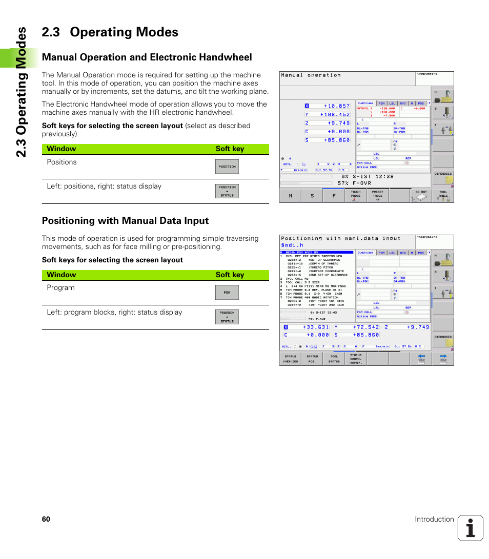 3 operating modes, Manual operation and electronic handwheel, Positioning with manual data input | 3 oper ating modes 2.3 operating modes | HEIDENHAIN TNC 320 (340 55x-04) User Manual | Page 60 / 497