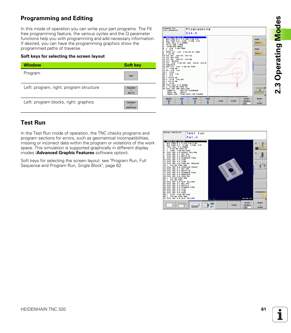 Programming and editing, Test run, 3 oper ating modes | HEIDENHAIN TNC 320 (340 55x-04) User Manual | Page 61 / 497