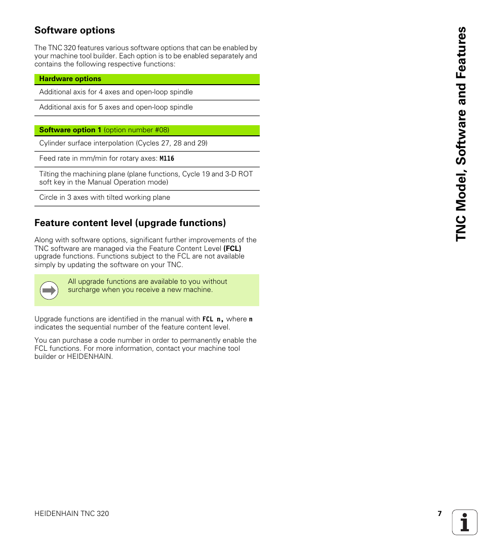Software options, Feature content level (upgrade functions), Tnc model, sof tw a re and f eat ur es | HEIDENHAIN TNC 320 (340 55x-04) User Manual | Page 7 / 497