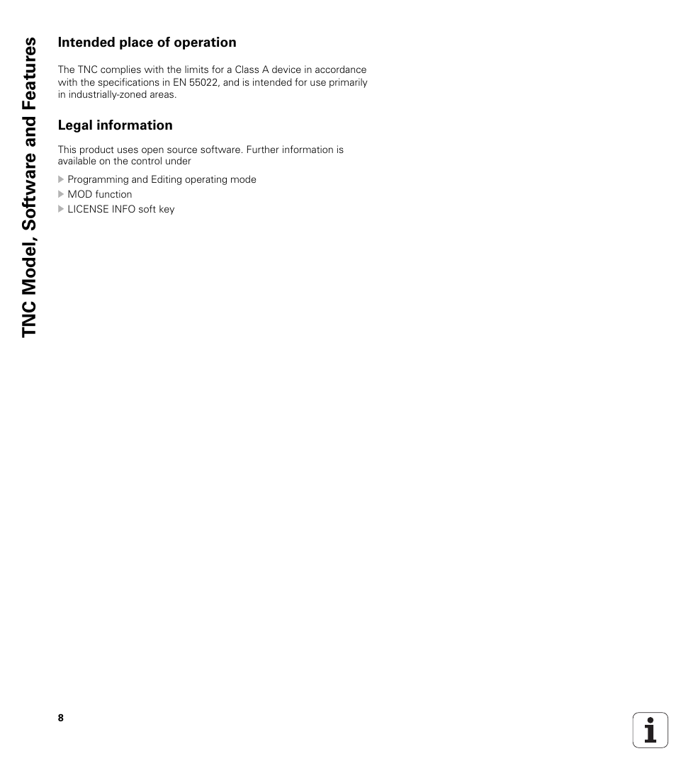 Intended place of operation, Legal information, Tnc model, sof tw a re and f eat ur es | HEIDENHAIN TNC 320 (340 55x-04) User Manual | Page 8 / 497