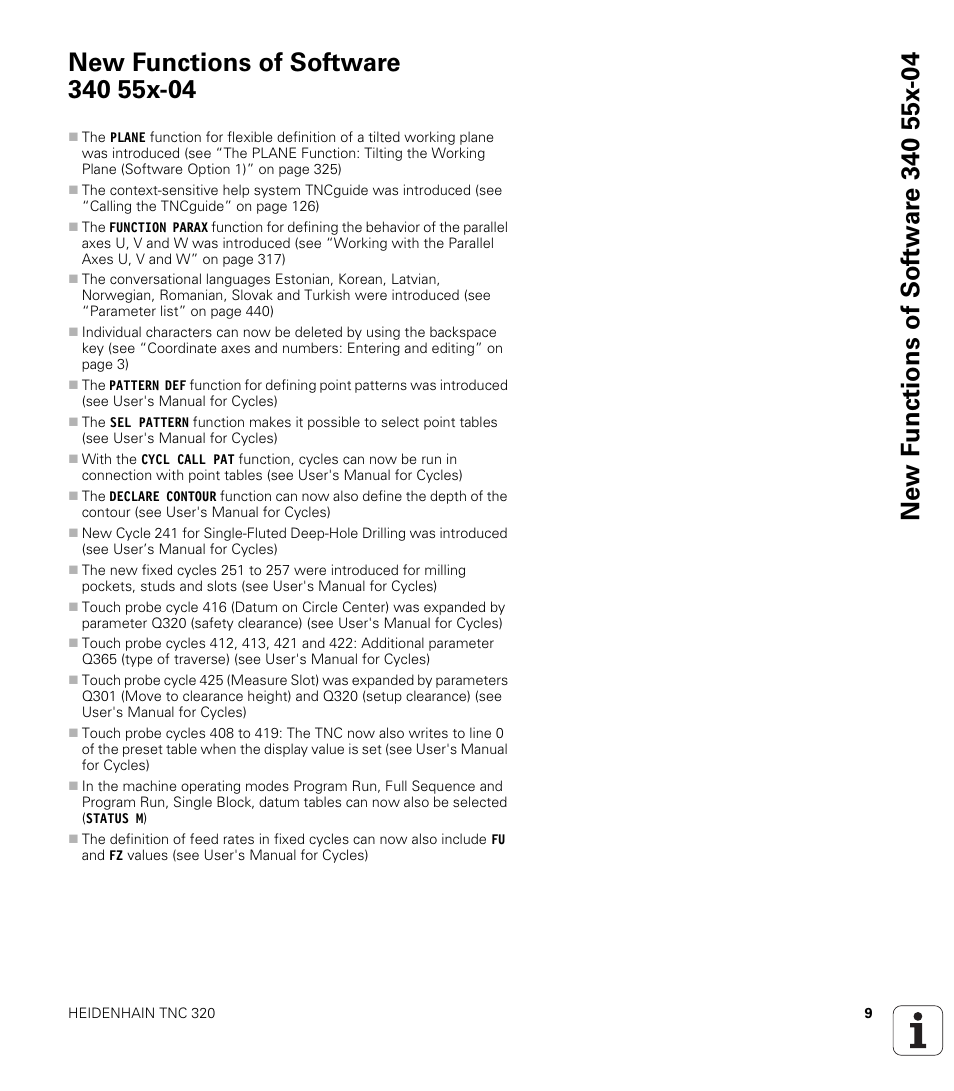 New functions of software 340 55x-04 | HEIDENHAIN TNC 320 (340 55x-04) User Manual | Page 9 / 497