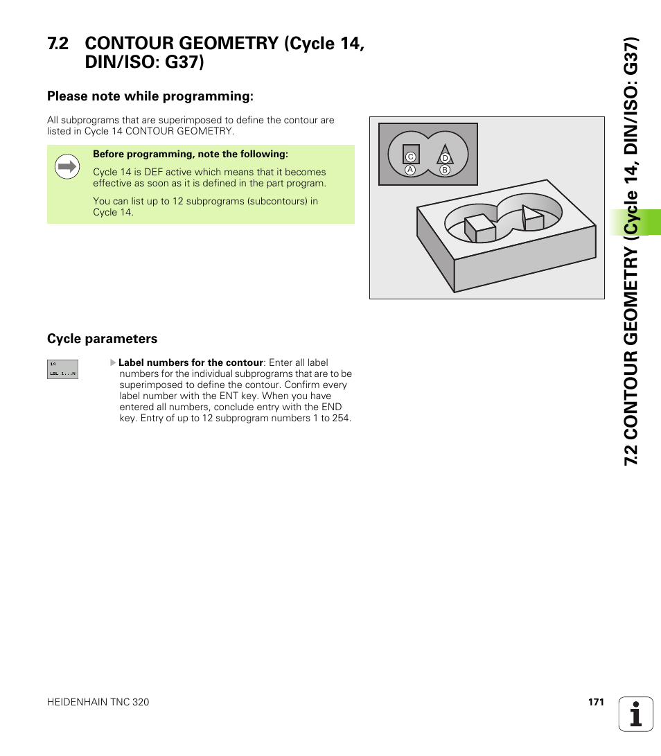 2 contour geometry (cycle 14, din/iso: g37), Please note while programming, Cycle parameters | HEIDENHAIN TNC 320 (340 55x-04) Cycle programming User Manual | Page 171 / 437