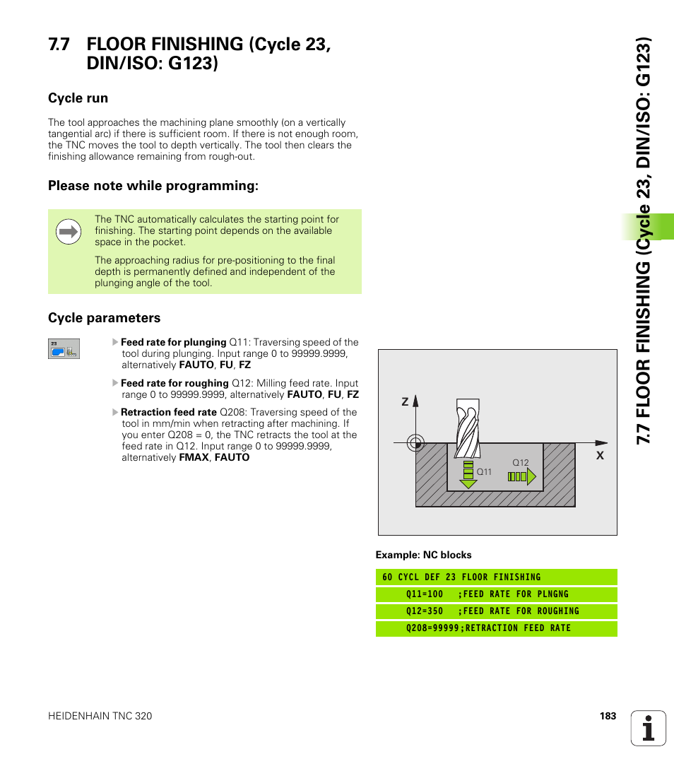 7 floor finishing (cycle 23, din/iso: g123), Cycle run, Please note while programming | Cycle parameters | HEIDENHAIN TNC 320 (340 55x-04) Cycle programming User Manual | Page 183 / 437