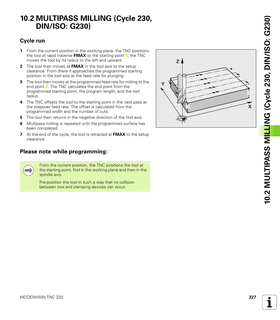 2 multipass milling (cycle 230, din/iso: g230), Cycle run, Please note while programming | HEIDENHAIN TNC 320 (340 55x-04) Cycle programming User Manual | Page 227 / 437