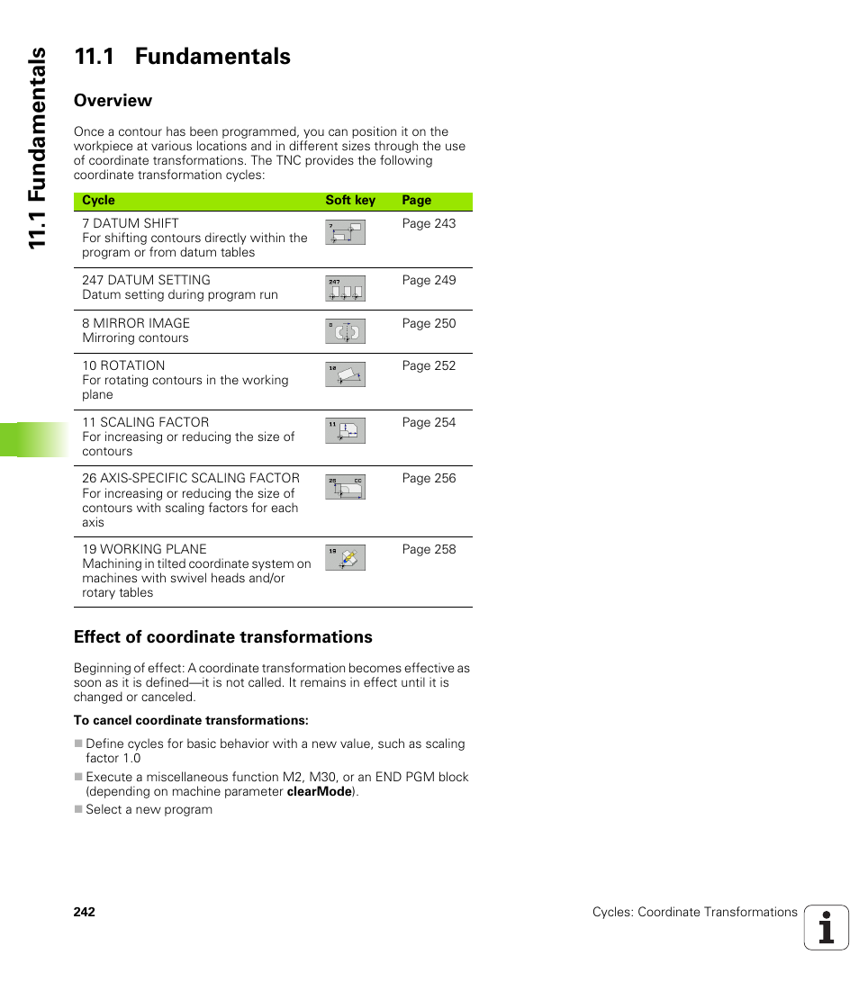1 fundamentals, Overview, Effect of coordinate transformations | 1 f undamentals 11.1 fundamentals | HEIDENHAIN TNC 320 (340 55x-04) Cycle programming User Manual | Page 242 / 437