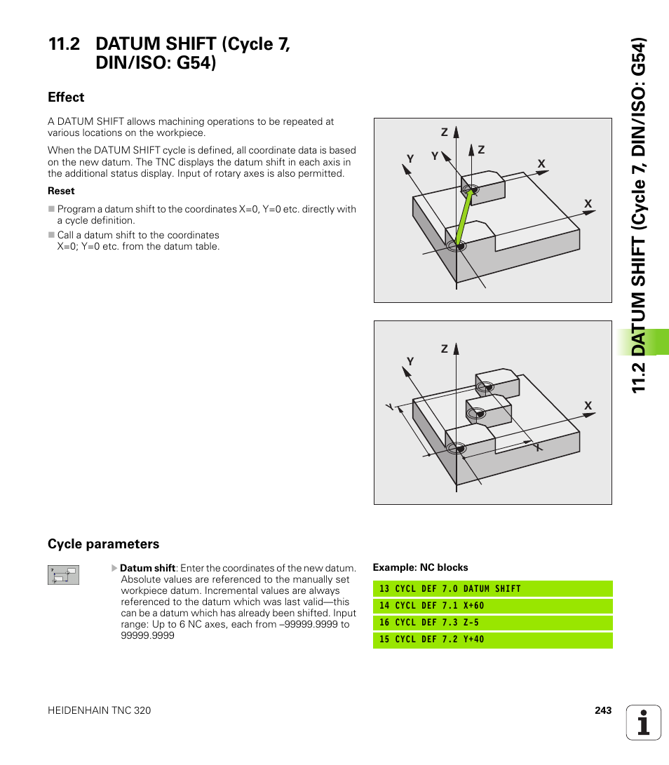 2 datum shift (cycle 7, din/iso: g54), Effect, Cycle parameters | HEIDENHAIN TNC 320 (340 55x-04) Cycle programming User Manual | Page 243 / 437