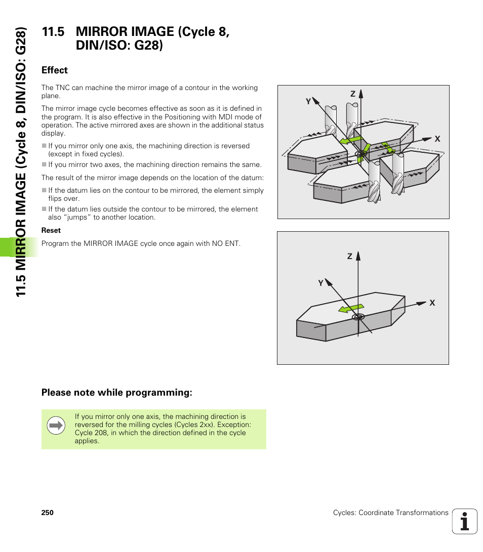 5 mirror image (cycle 8, din/iso: g28), Effect, Please note while programming | HEIDENHAIN TNC 320 (340 55x-04) Cycle programming User Manual | Page 250 / 437