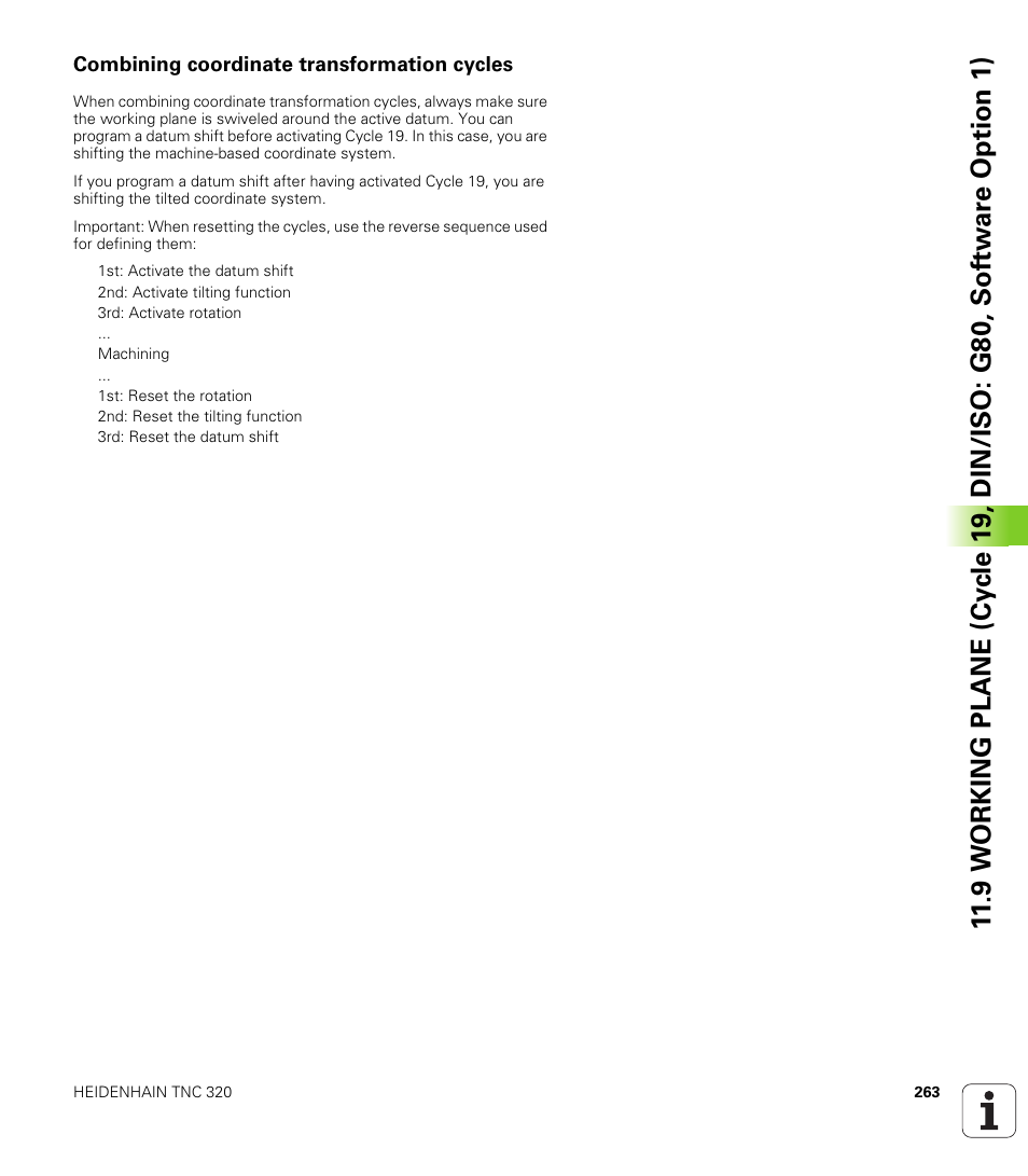 Combining coordinate transformation cycles | HEIDENHAIN TNC 320 (340 55x-04) Cycle programming User Manual | Page 263 / 437