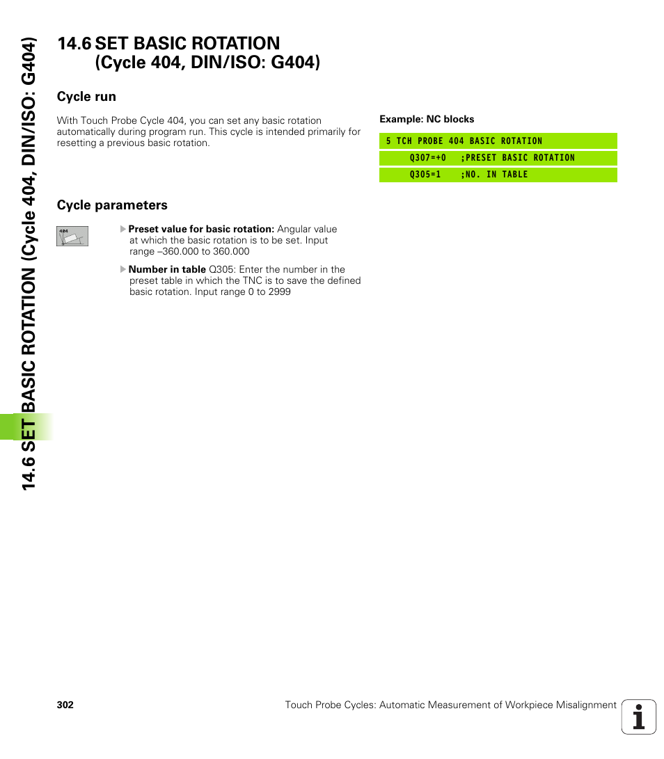 6 set basic rotation (cycle 404, din/iso: g404), Cycle run, Cycle parameters | HEIDENHAIN TNC 320 (340 55x-04) Cycle programming User Manual | Page 302 / 437