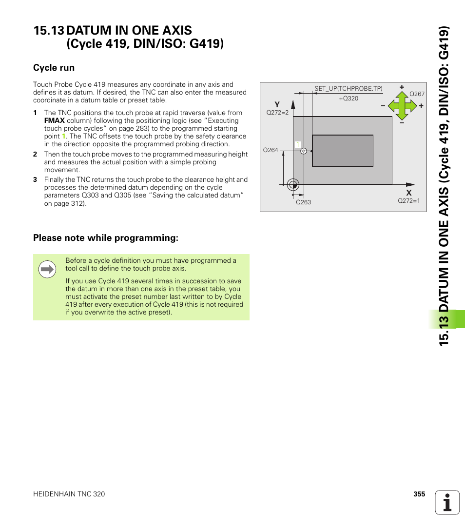 13 datum in one axis (cycle 419, din/iso: g419), Cycle run, Please note while programming | HEIDENHAIN TNC 320 (340 55x-04) Cycle programming User Manual | Page 355 / 437