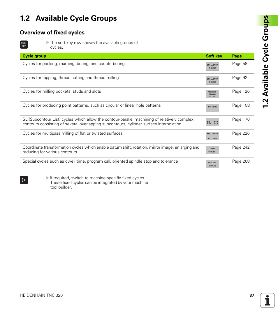 2 available cycle groups, Overview of fixed cycles | HEIDENHAIN TNC 320 (340 55x-04) Cycle programming User Manual | Page 37 / 437
