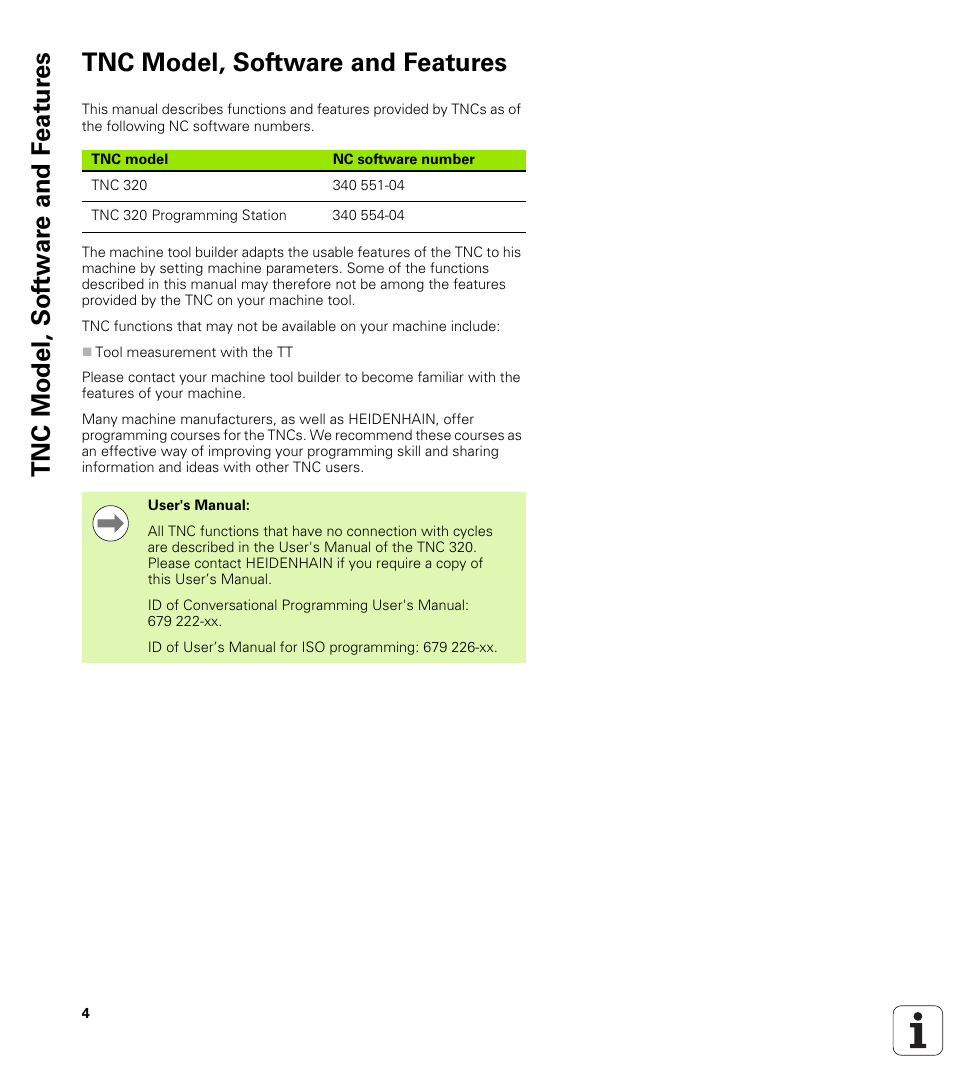 Tnc model, software and features | HEIDENHAIN TNC 320 (340 55x-04) Cycle programming User Manual | Page 4 / 437