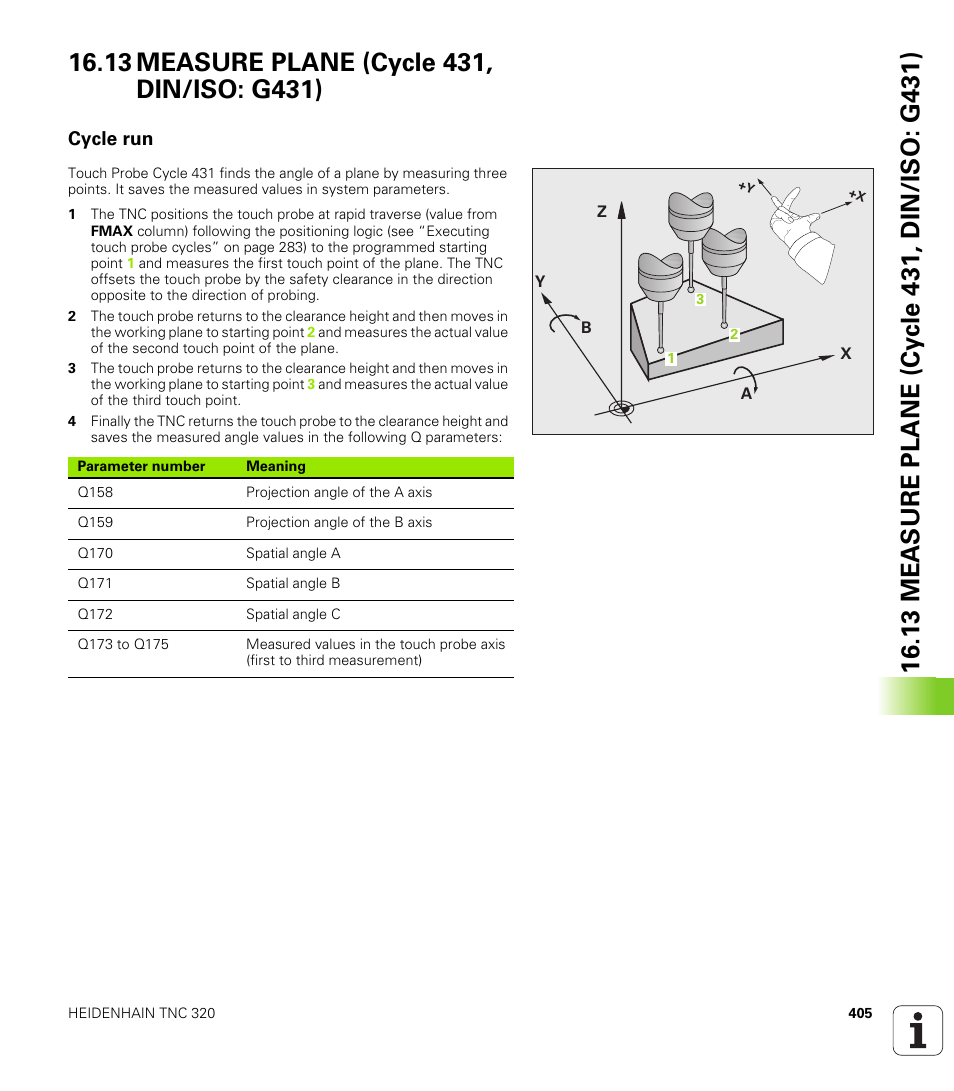 13 measure plane (cycle 431, din/iso: g431), Cycle run | HEIDENHAIN TNC 320 (340 55x-04) Cycle programming User Manual | Page 405 / 437