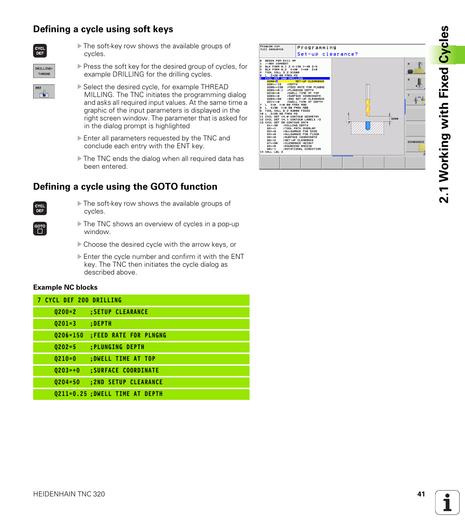 Defining a cycle using soft keys, Defining a cycle using the goto function, 1 w o rk ing with fix e d cy cles | HEIDENHAIN TNC 320 (340 55x-04) Cycle programming User Manual | Page 41 / 437