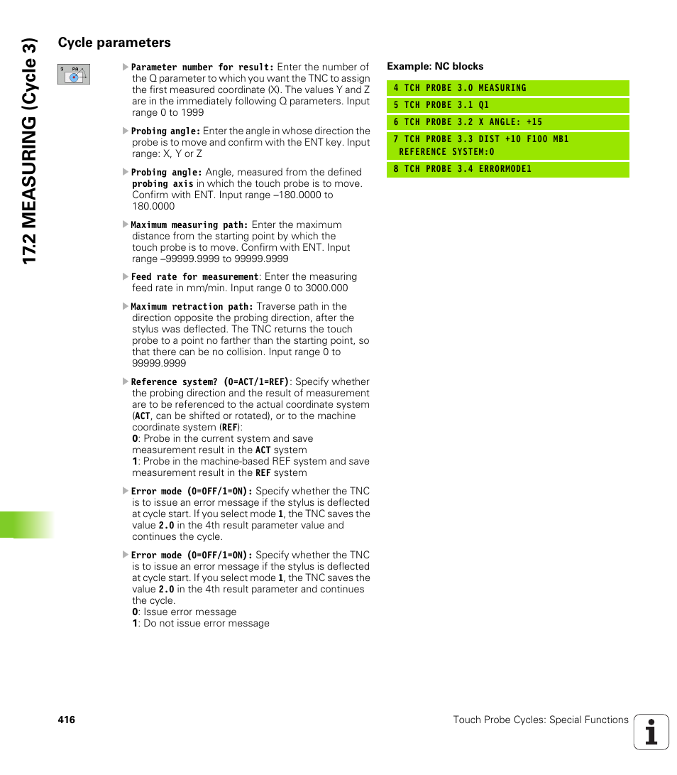 Cycle parameters, 2 mea s uring (cy c le 3) | HEIDENHAIN TNC 320 (340 55x-04) Cycle programming User Manual | Page 416 / 437