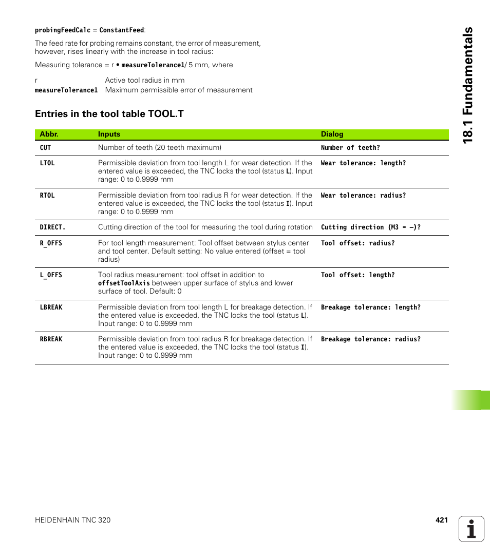 Entries in the tool table tool.t, 18 .1 f undamentals | HEIDENHAIN TNC 320 (340 55x-04) Cycle programming User Manual | Page 421 / 437