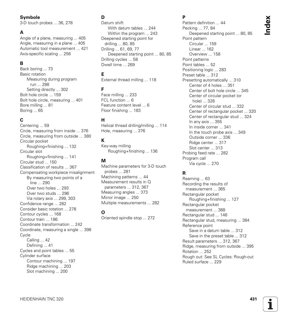 Index | HEIDENHAIN TNC 320 (340 55x-04) Cycle programming User Manual | Page 431 / 437