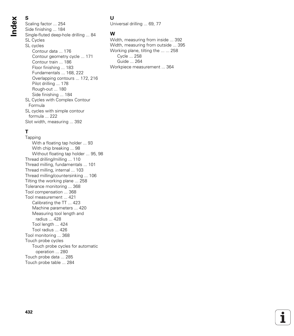 Index | HEIDENHAIN TNC 320 (340 55x-04) Cycle programming User Manual | Page 432 / 437