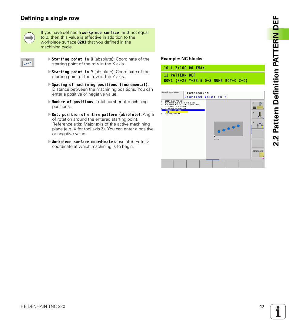 Defining a single row | HEIDENHAIN TNC 320 (340 55x-04) Cycle programming User Manual | Page 47 / 437