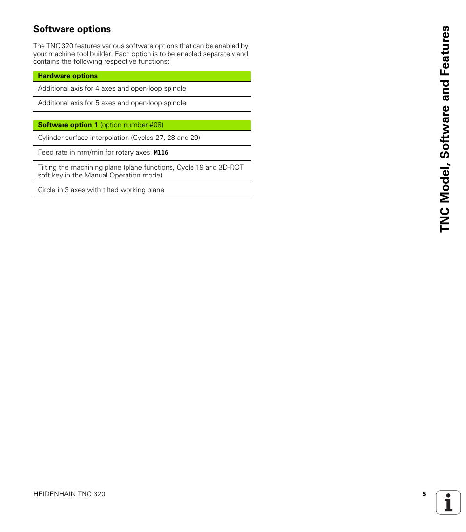 Software options, Tnc model, sof tw a re and f eat ur es | HEIDENHAIN TNC 320 (340 55x-04) Cycle programming User Manual | Page 5 / 437