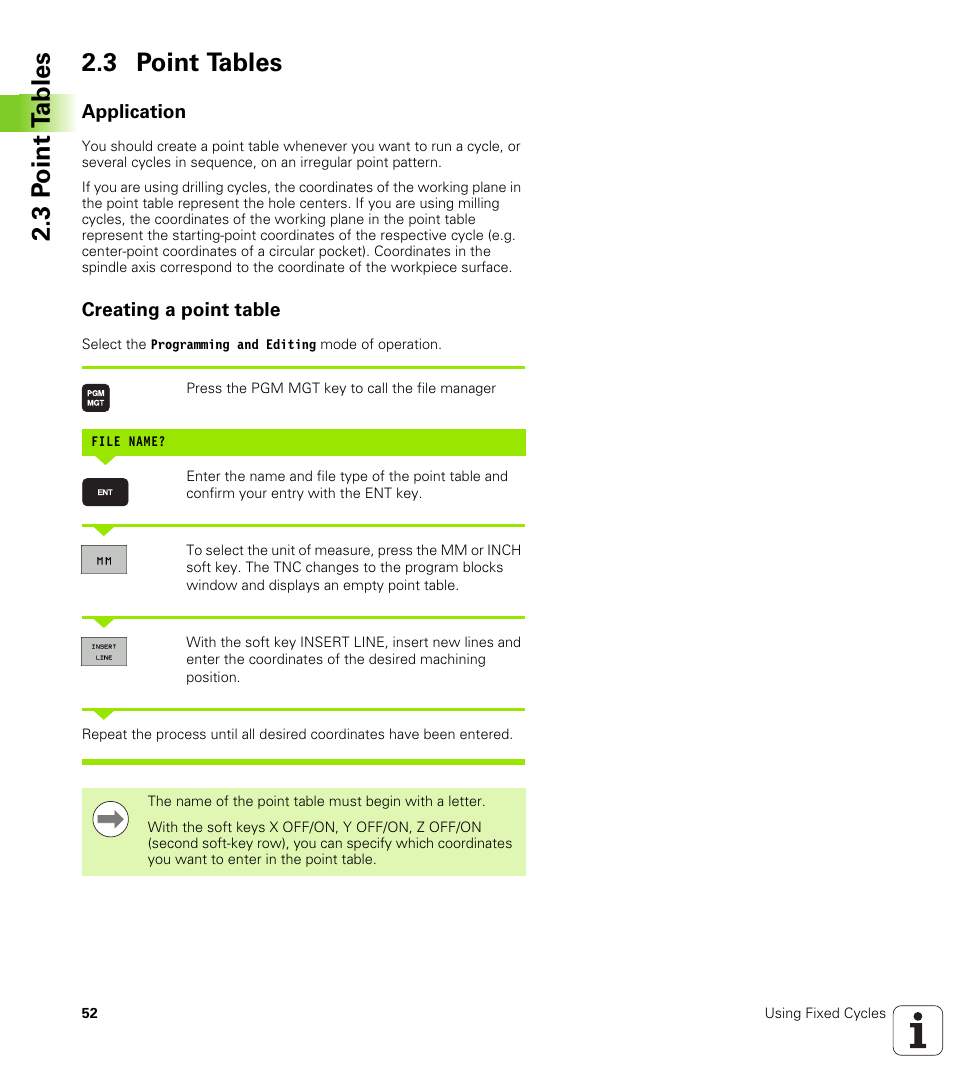 3 point tables, Application, Creating a point table | 3 p o int t a bles 2.3 point tables | HEIDENHAIN TNC 320 (340 55x-04) Cycle programming User Manual | Page 52 / 437