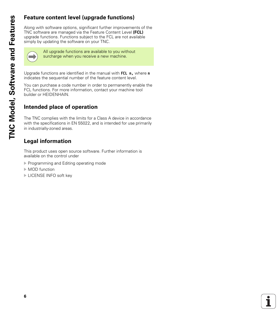 Feature content level (upgrade functions), Intended place of operation, Legal information | Tnc model, sof tw a re and f eat ur es | HEIDENHAIN TNC 320 (340 55x-04) Cycle programming User Manual | Page 6 / 437