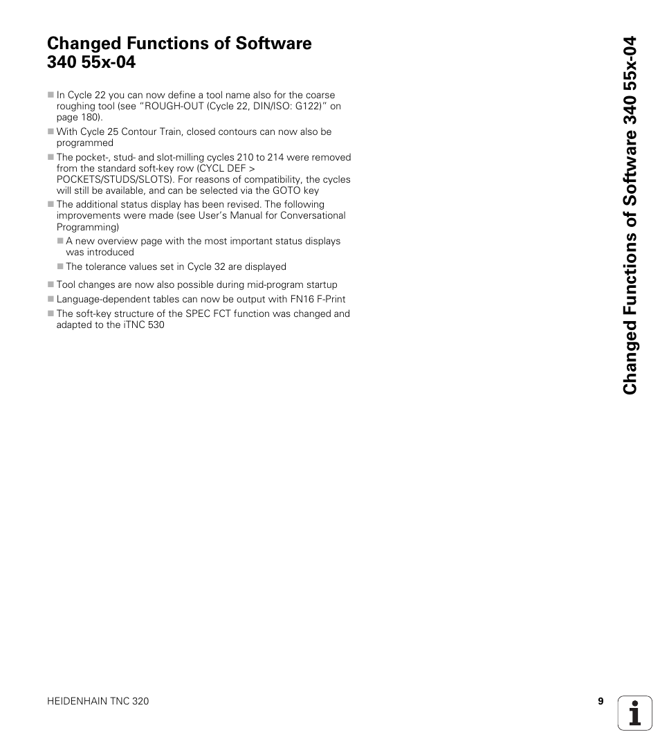 Changed functions of software 340 55x-04 | HEIDENHAIN TNC 320 (340 55x-04) Cycle programming User Manual | Page 9 / 437