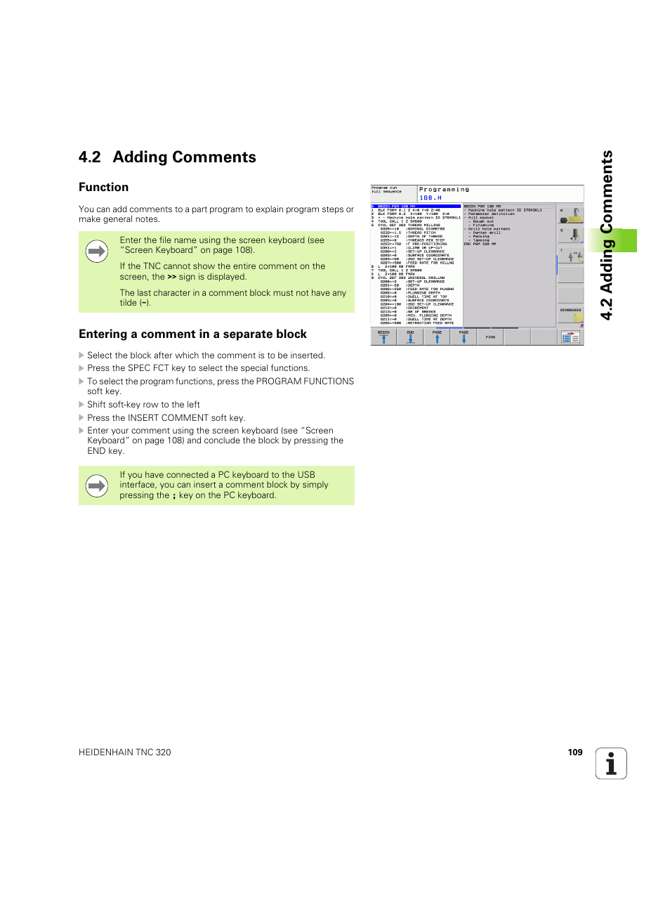 2 adding comments, Function, Entering a comment in a separate block | 2 a dding comments 4.2 adding comments | HEIDENHAIN TNC 320 (340 55x-04) ISO programming User Manual | Page 109 / 461