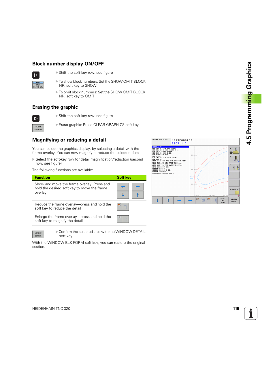Block number display on/off, Erasing the graphic, Magnifying or reducing a detail | 5 pr ogr amming gr aphics | HEIDENHAIN TNC 320 (340 55x-04) ISO programming User Manual | Page 115 / 461