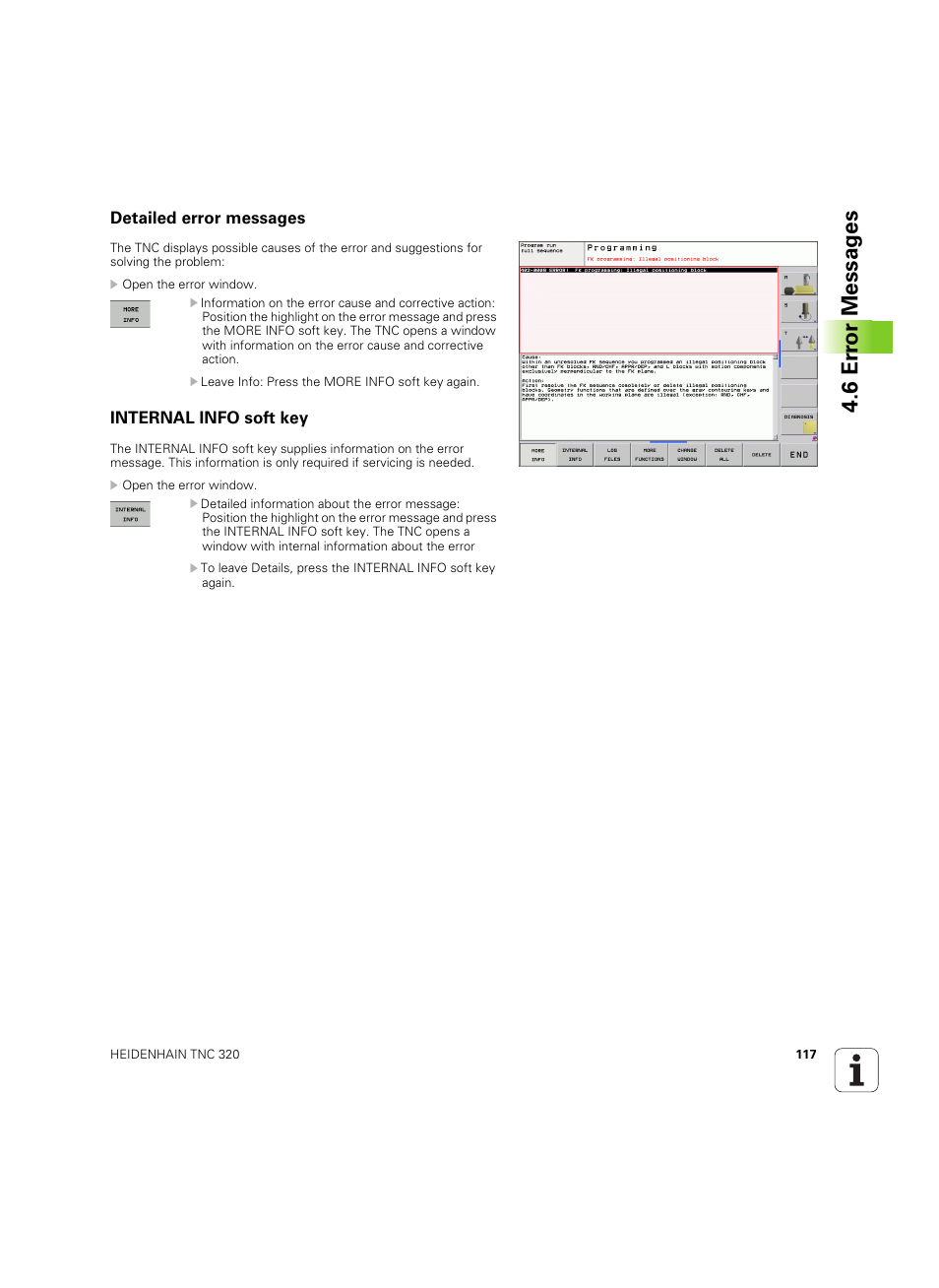 Detailed error messages, Internal info soft key, 6 er ro r messag es | HEIDENHAIN TNC 320 (340 55x-04) ISO programming User Manual | Page 117 / 461