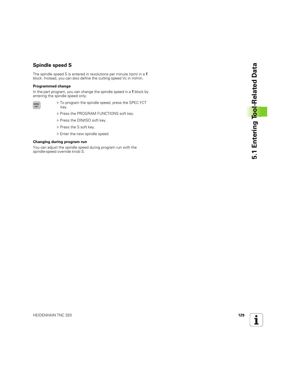 Spindle speed s, 1 ent e ri ng t o ol-relat ed d a ta | HEIDENHAIN TNC 320 (340 55x-04) ISO programming User Manual | Page 129 / 461