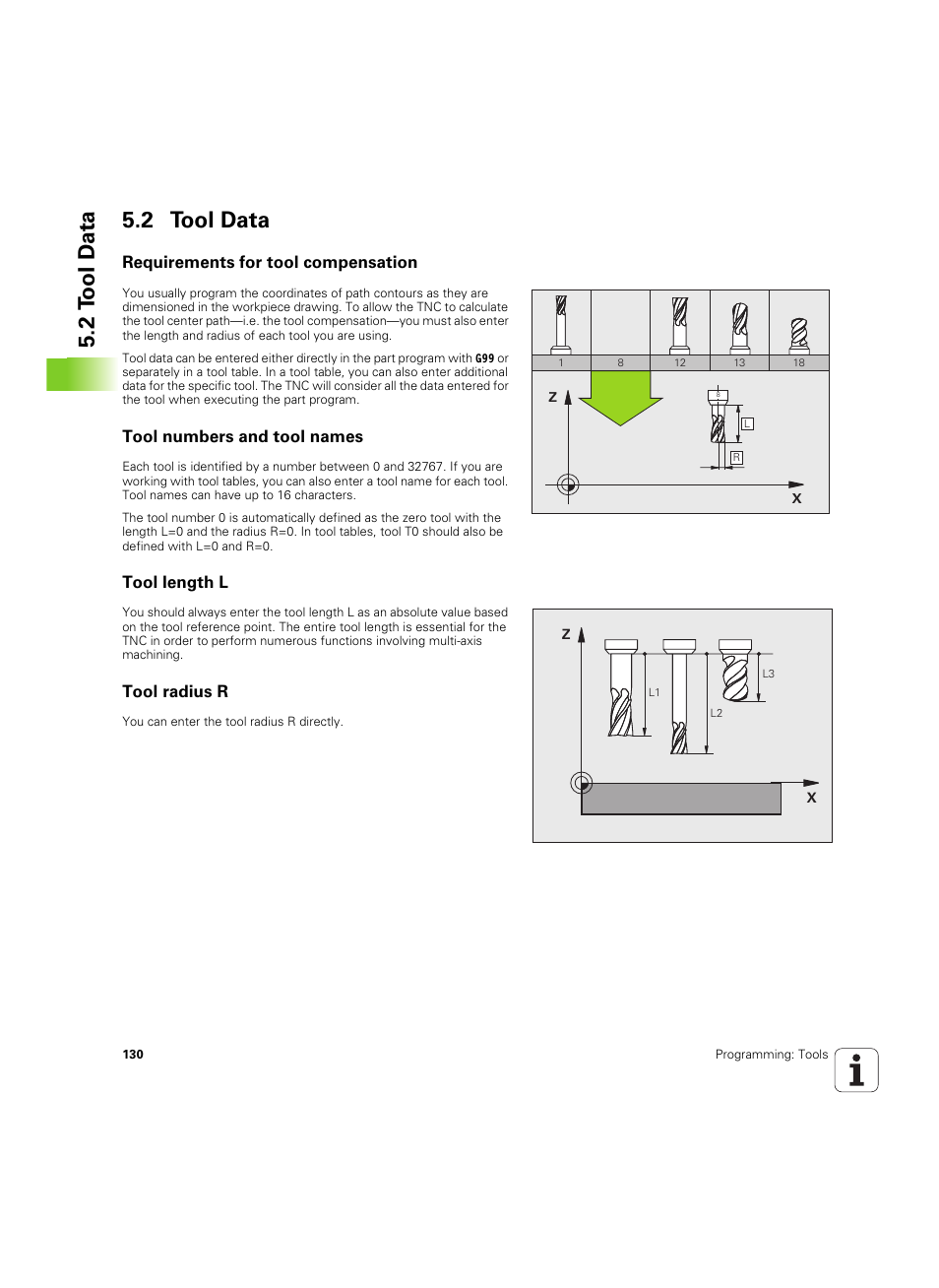2 tool data, Requirements for tool compensation, Tool numbers and tool names | Tool length l, Tool radius r, 2 t ool d a ta 5.2 tool data | HEIDENHAIN TNC 320 (340 55x-04) ISO programming User Manual | Page 130 / 461