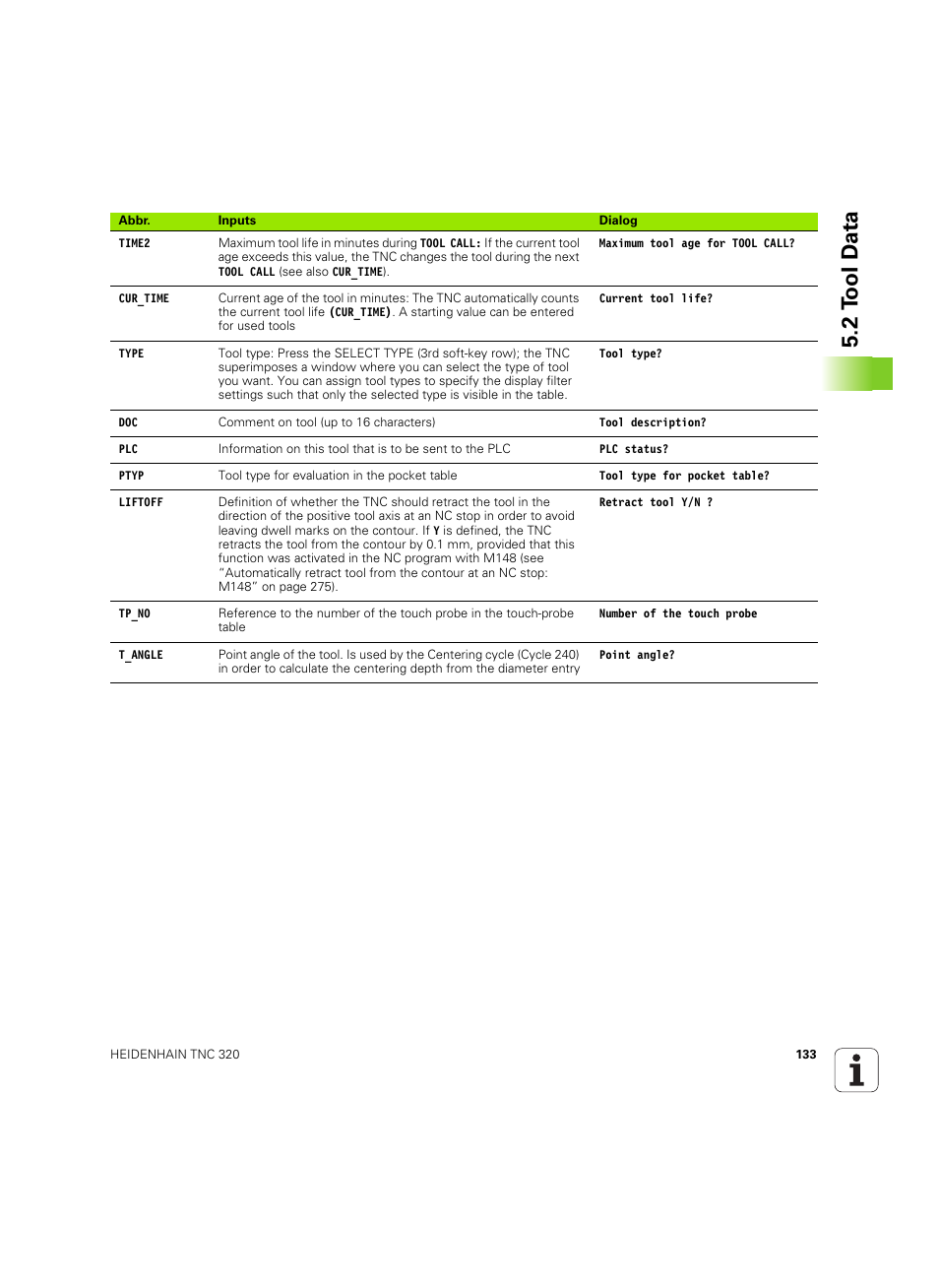 2 t ool d a ta | HEIDENHAIN TNC 320 (340 55x-04) ISO programming User Manual | Page 133 / 461