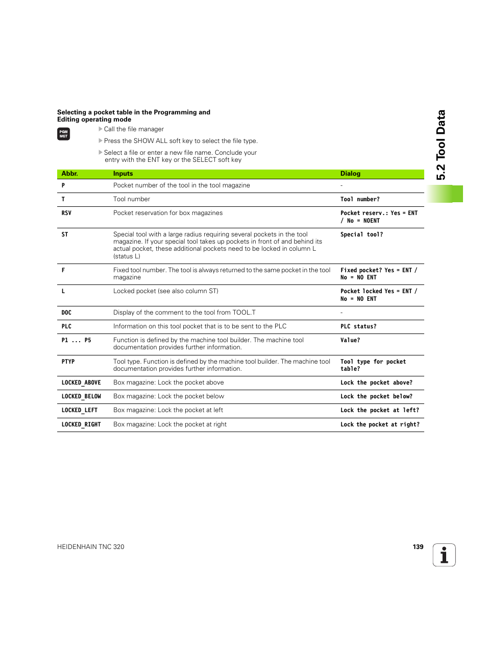 2 t ool d a ta | HEIDENHAIN TNC 320 (340 55x-04) ISO programming User Manual | Page 139 / 461
