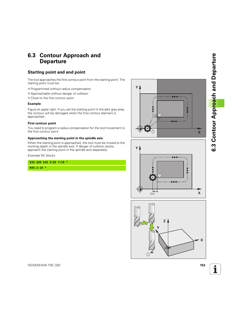 3 contour approach and departure, Starting point and end point | HEIDENHAIN TNC 320 (340 55x-04) ISO programming User Manual | Page 153 / 461