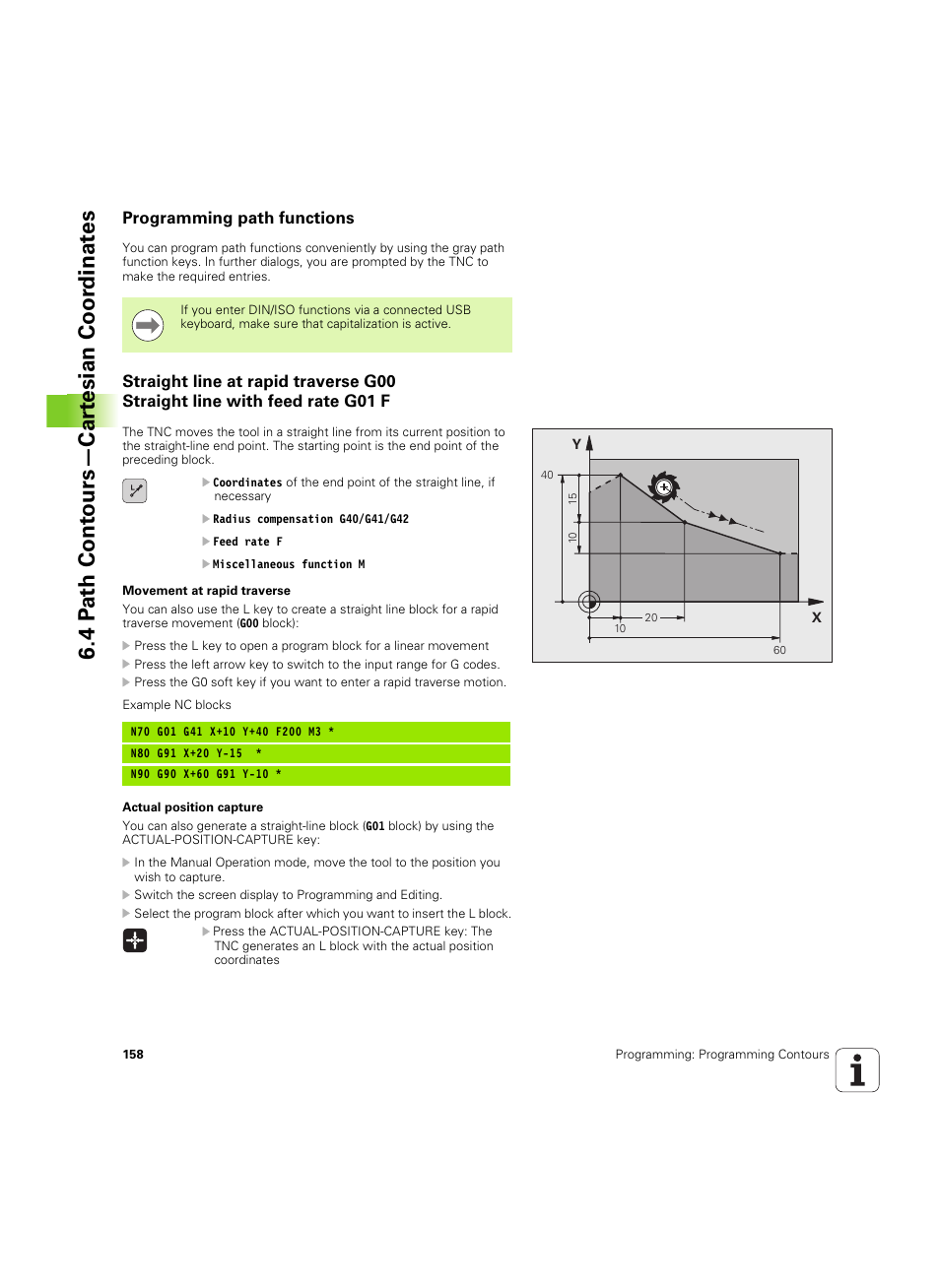 Programming path functions, 4 p a th cont ours—car te sian coor dinat e s | HEIDENHAIN TNC 320 (340 55x-04) ISO programming User Manual | Page 158 / 461
