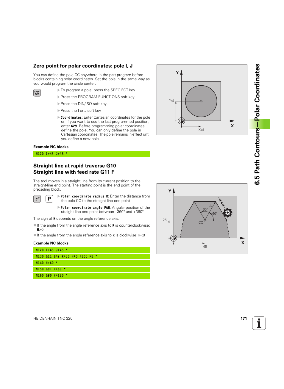 Zero point for polar coordinates: pole i, j, 5 p a th cont ours—p o lar coor dinat e s | HEIDENHAIN TNC 320 (340 55x-04) ISO programming User Manual | Page 171 / 461