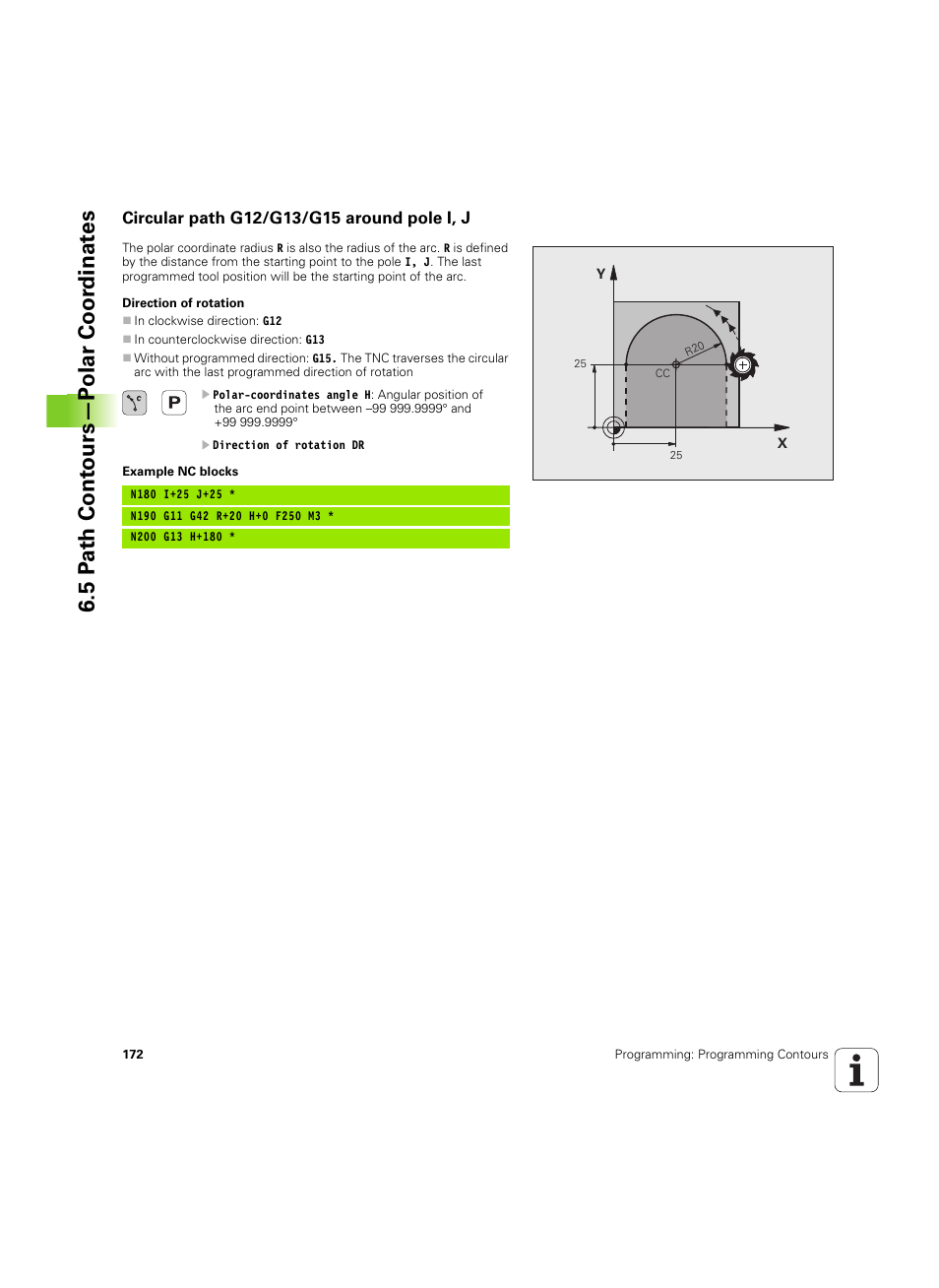 Circular path g12/g13/g15 around pole i, j, 5 p a th cont ours—p o lar coor dinat e s | HEIDENHAIN TNC 320 (340 55x-04) ISO programming User Manual | Page 172 / 461