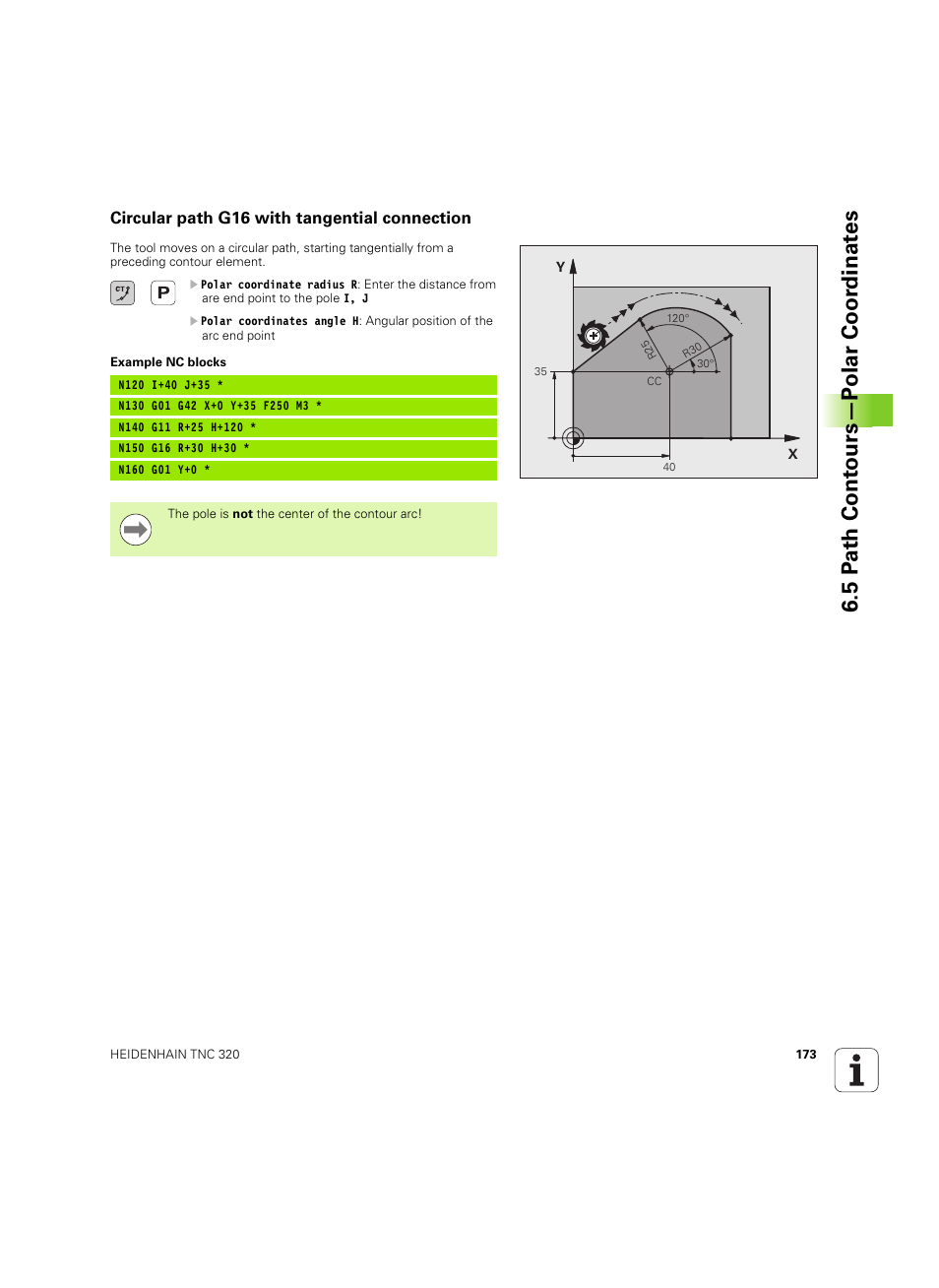 Circular path g16 with tangential connection, 5 p a th cont ours—p o lar coor dinat e s | HEIDENHAIN TNC 320 (340 55x-04) ISO programming User Manual | Page 173 / 461