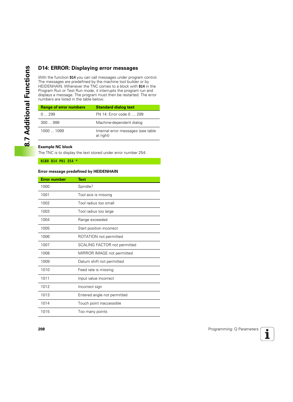 D14: error: displaying error messages, 7 a d ditional f unctions | HEIDENHAIN TNC 320 (340 55x-04) ISO programming User Manual | Page 208 / 461