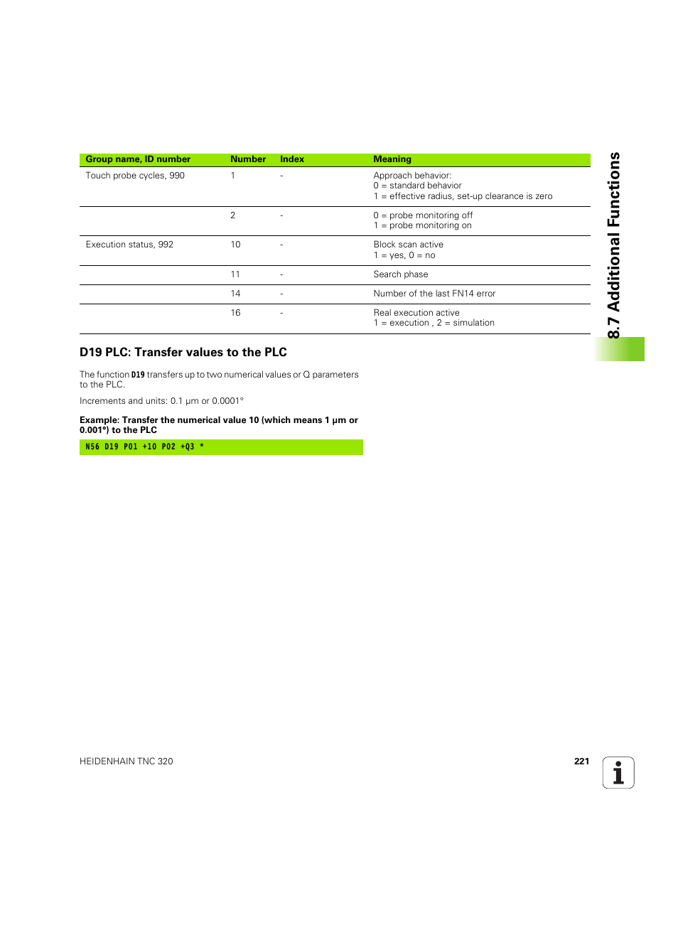 D19 plc: transfer values to the plc, 7 a d ditional f unctions | HEIDENHAIN TNC 320 (340 55x-04) ISO programming User Manual | Page 221 / 461
