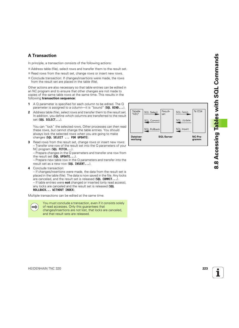 A transaction, 8 a c cessing t a bles with sql commands | HEIDENHAIN TNC 320 (340 55x-04) ISO programming User Manual | Page 223 / 461
