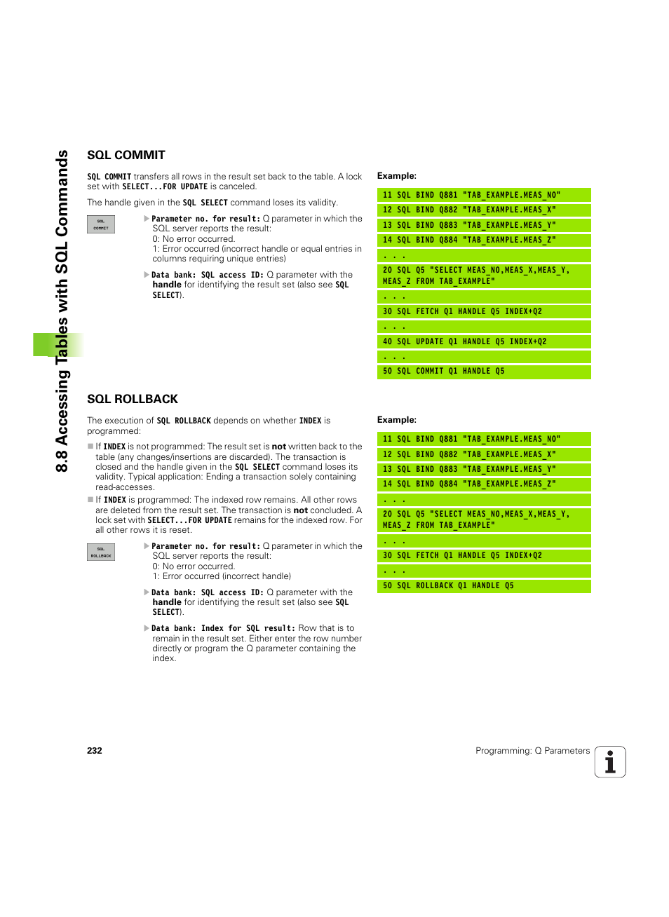 Sql commit, Sql rollback, 8 a c cessing t a bles with sql commands | HEIDENHAIN TNC 320 (340 55x-04) ISO programming User Manual | Page 232 / 461