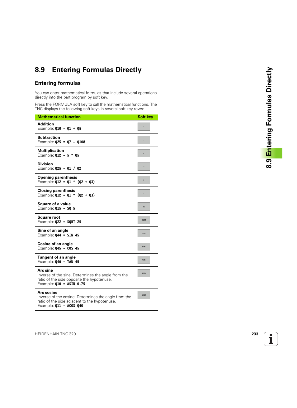 9 entering formulas directly, Entering formulas | HEIDENHAIN TNC 320 (340 55x-04) ISO programming User Manual | Page 233 / 461